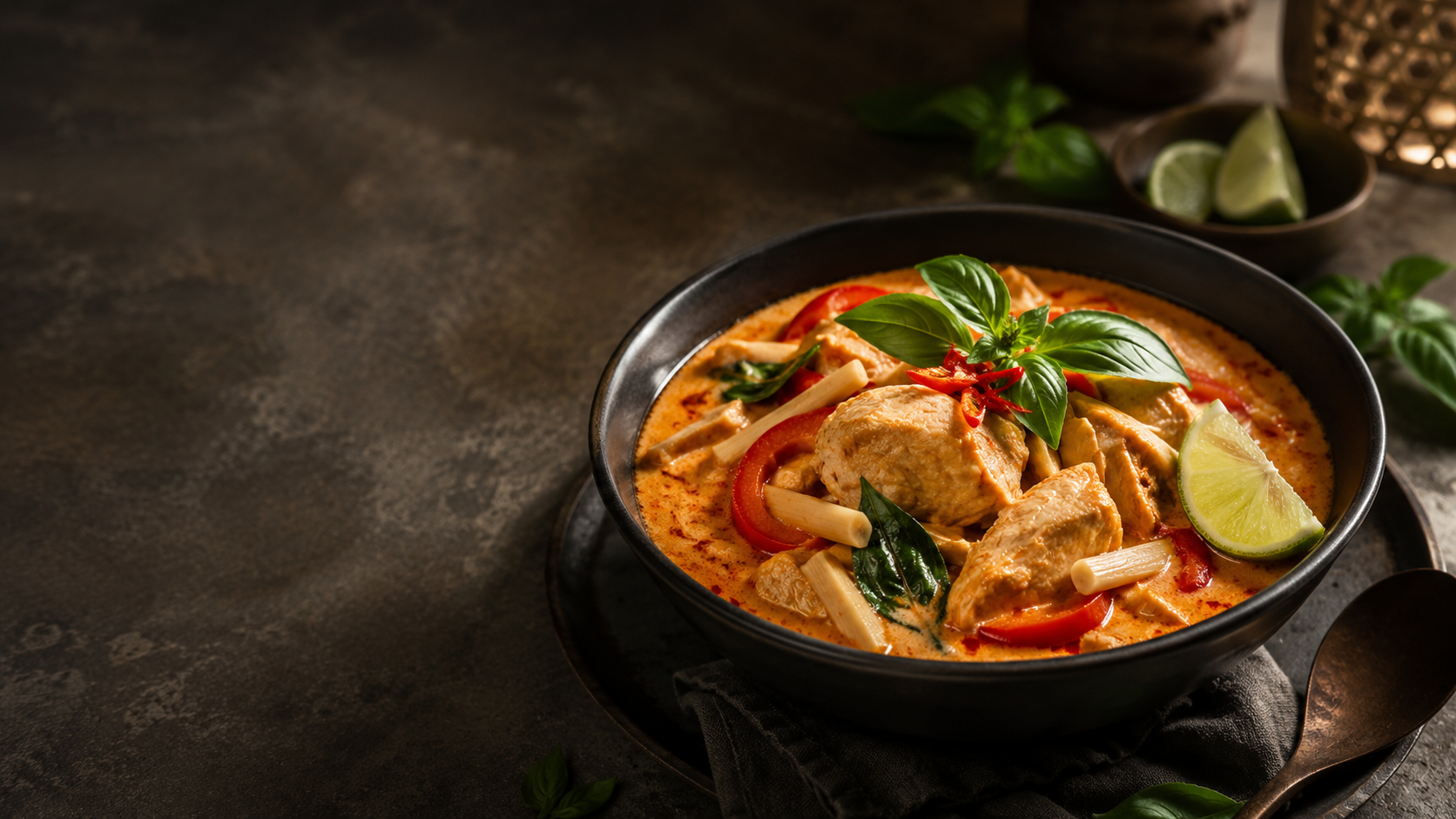 Thaimaalainen kanacurry punaisella currytahnalla ja kookosmaidolla