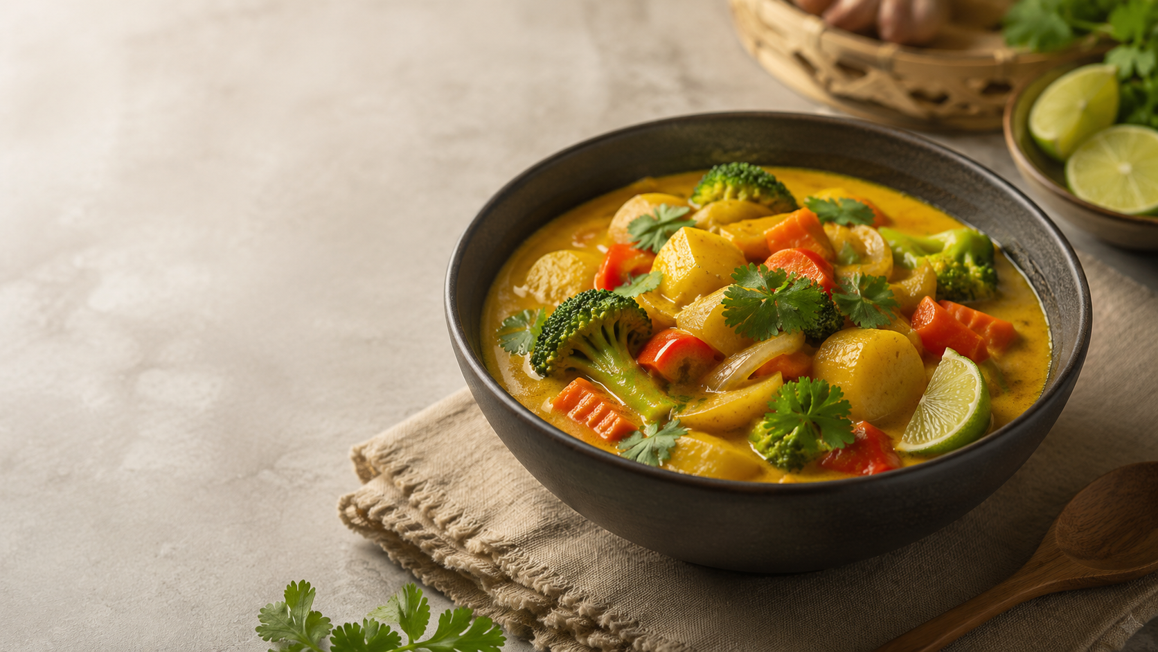 Thaimaalainen keltainen kasviscurry currytahnalla ja kookosmaidolla