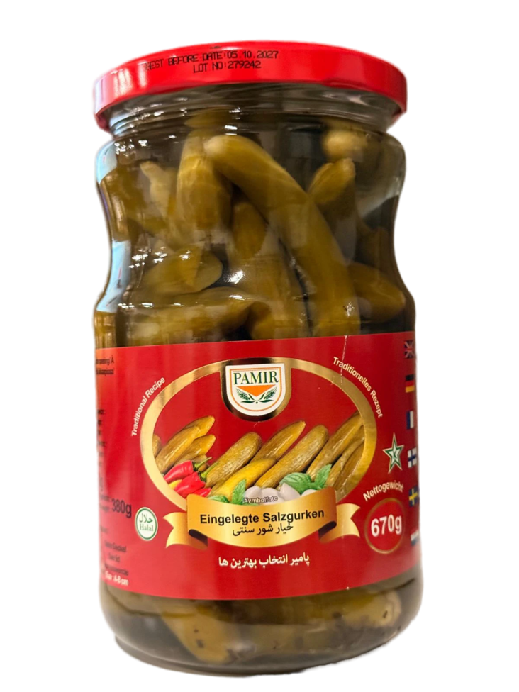 Pamir Pickled Cucumber / Suolakurkku valkosipulilla 4-8cm 670g CAM - Vihannessäilykkeet - 4180 - 1