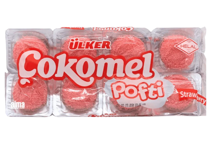 Ulker Cokomel Pofti Strawberry / Rakeella päällystetyt mansikkavaahtokarkkik144g - Täytekeksit ja vohvelit - 15460 - 1