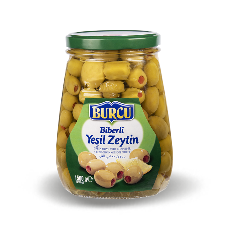 Burcu Biberli Yesil Zeytin / Vihreitä oliiveja paprikatäytteellä 1500g CAM - Oliivisäilykkeet - 1221 - 1