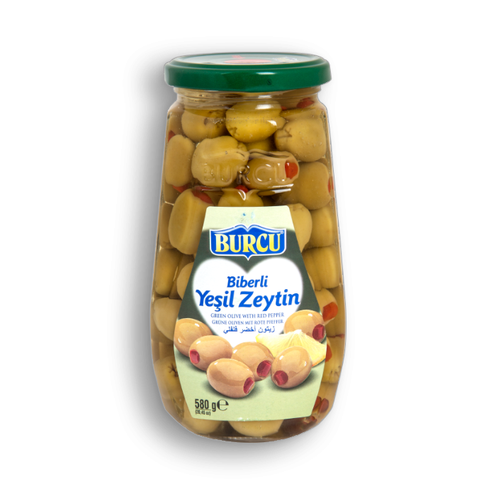 Burcu Biberli Yesil Zeytin / Vihreitä oliiveja paprikatäytteellä 580g CAM - Oliivisäilykkeet - 1023 - 1