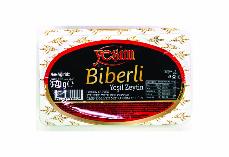 Yesim Biberli Yesil Zeytin/ Vihreä oliivi paprikatäytteellä 170g VAKUM - Oliivisäilykkeet - 19653 - 1