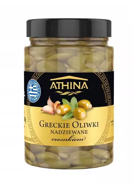 Athina Greek Olives with Garlic / Vihreät oliivit kivettömät valkosipulilla 327m - Oliivisäilykkeet - 15865 - 1