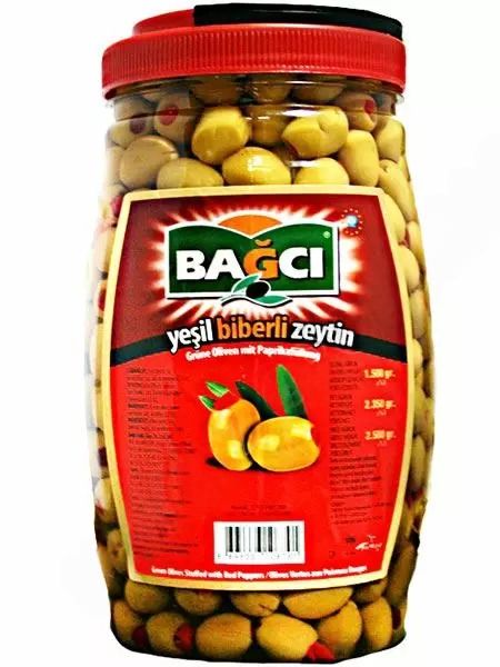 Bagci Biberli Yesil Zeytin/ Vihreät oliivit paprikatäytteellä 1,5kg PET - Oliivisäilykkeet - 605 - 1