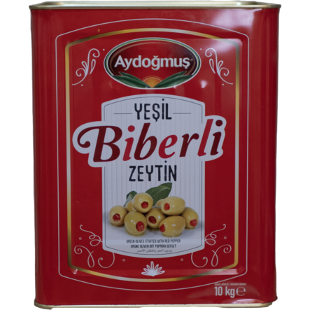 Aydogmus Biberli Yesil Zeytin / Vihreät oliivit paprikatäytteellä 10kg TNK - Oliivisäilykkeet - 19656 - 1
