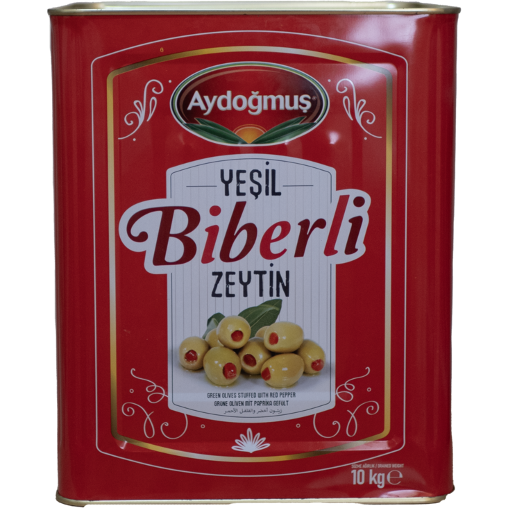 Aydogmus Biberli Yesil Zeytin / Vihreät oliivit paprikatäytteellä 10kg TNK - Oliivisäilykkeet - 19656 - 1