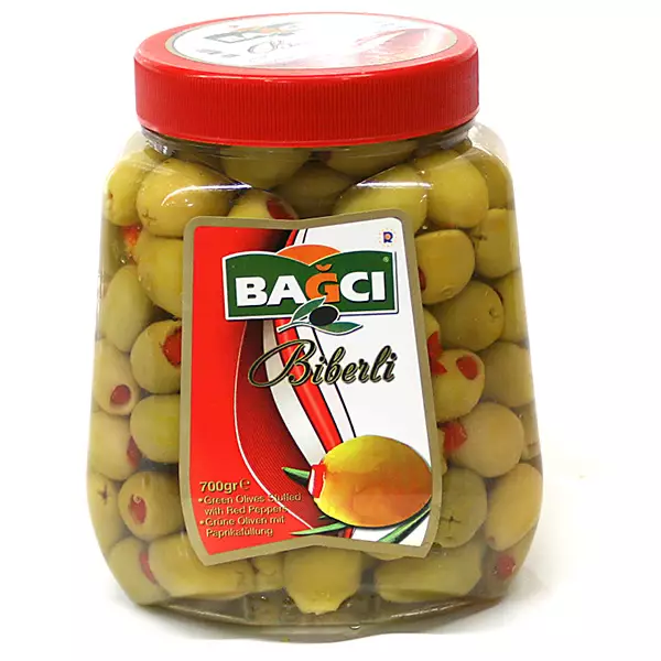 Bagci Biberli Yesil Zeytin / Vihreät oliivit paprikatäytteellä 700g PET - Oliivisäilykkeet - 606 - 1