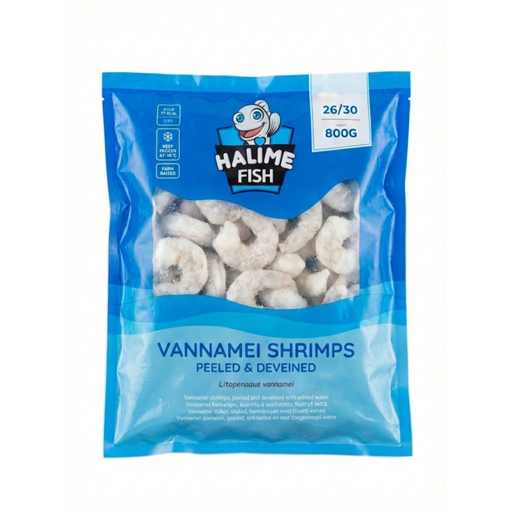 Halime Fish P&D Vannamei Shrimps/ Kuoritut jättikatkarapu 26/30 800g - Pakasteäyriäiset - 1946 - 1