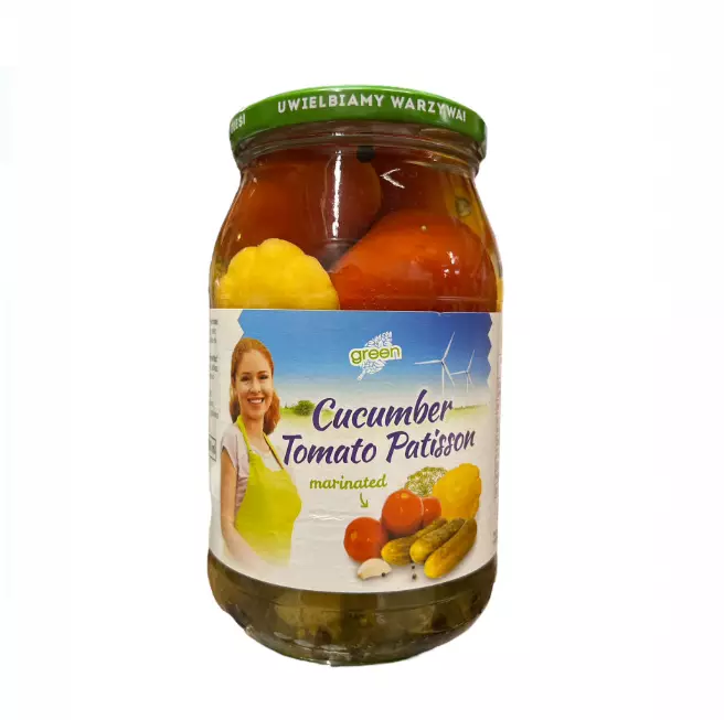 Green Cucumber Tomato Patisson Marinated / Marinoitu kurp, tomaat, kurkku säilyk - Vihannessäilykkeet - 12848 - 1